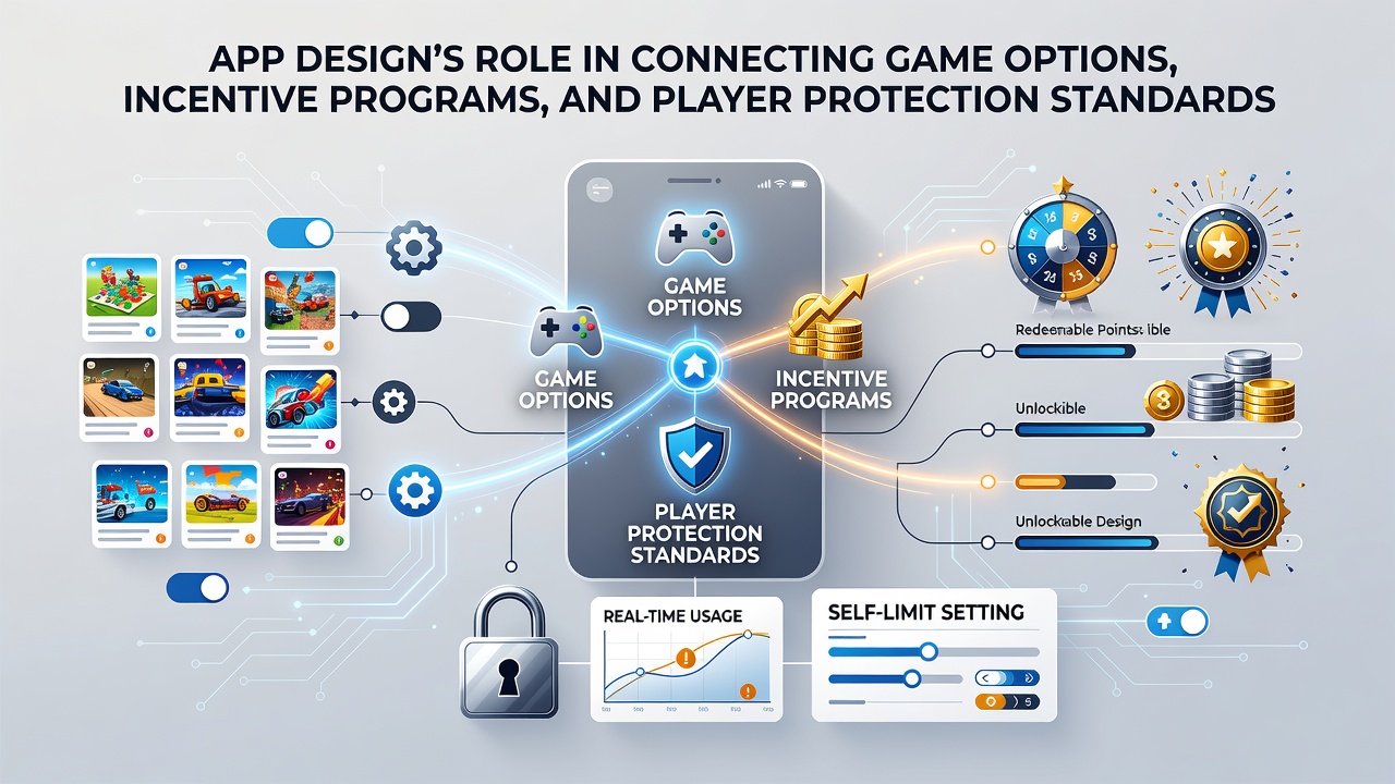 Mobile app interface displaying integrated game selections, reward notifications, and safety controls side by side