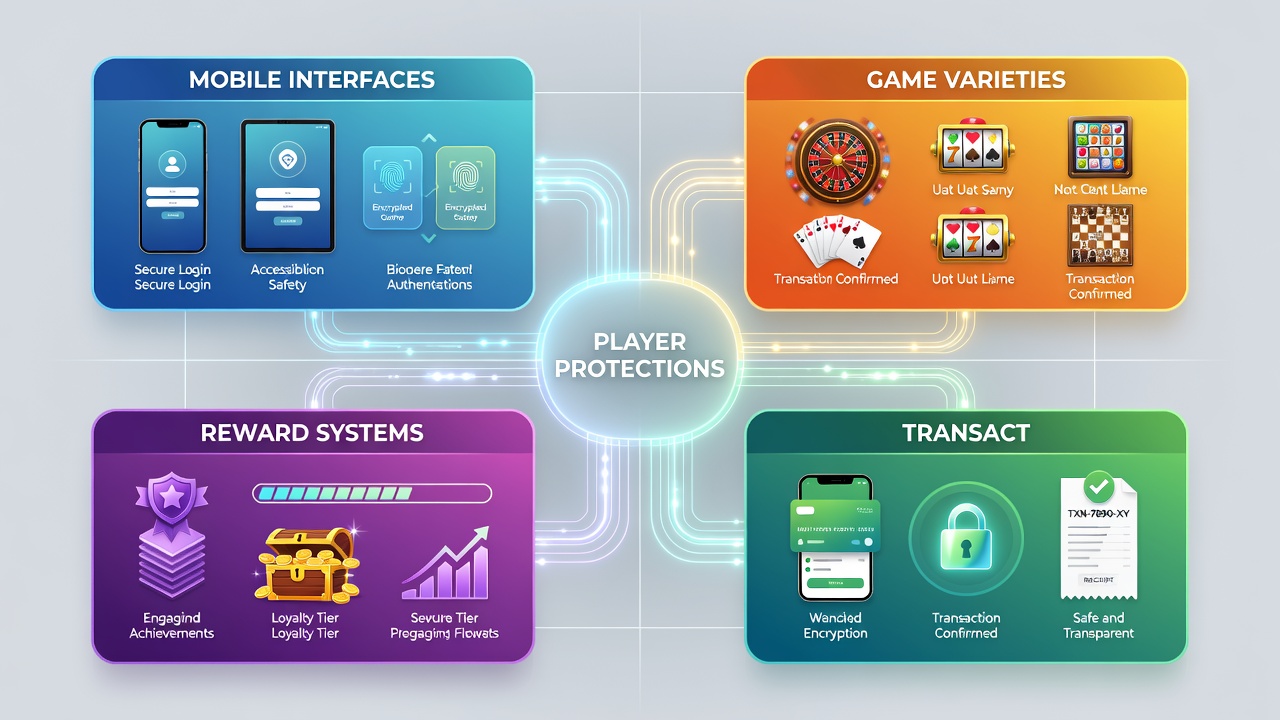 Network diagram illustrating how game variety selections connect through shared protection protocols to reward systems and transaction security layers