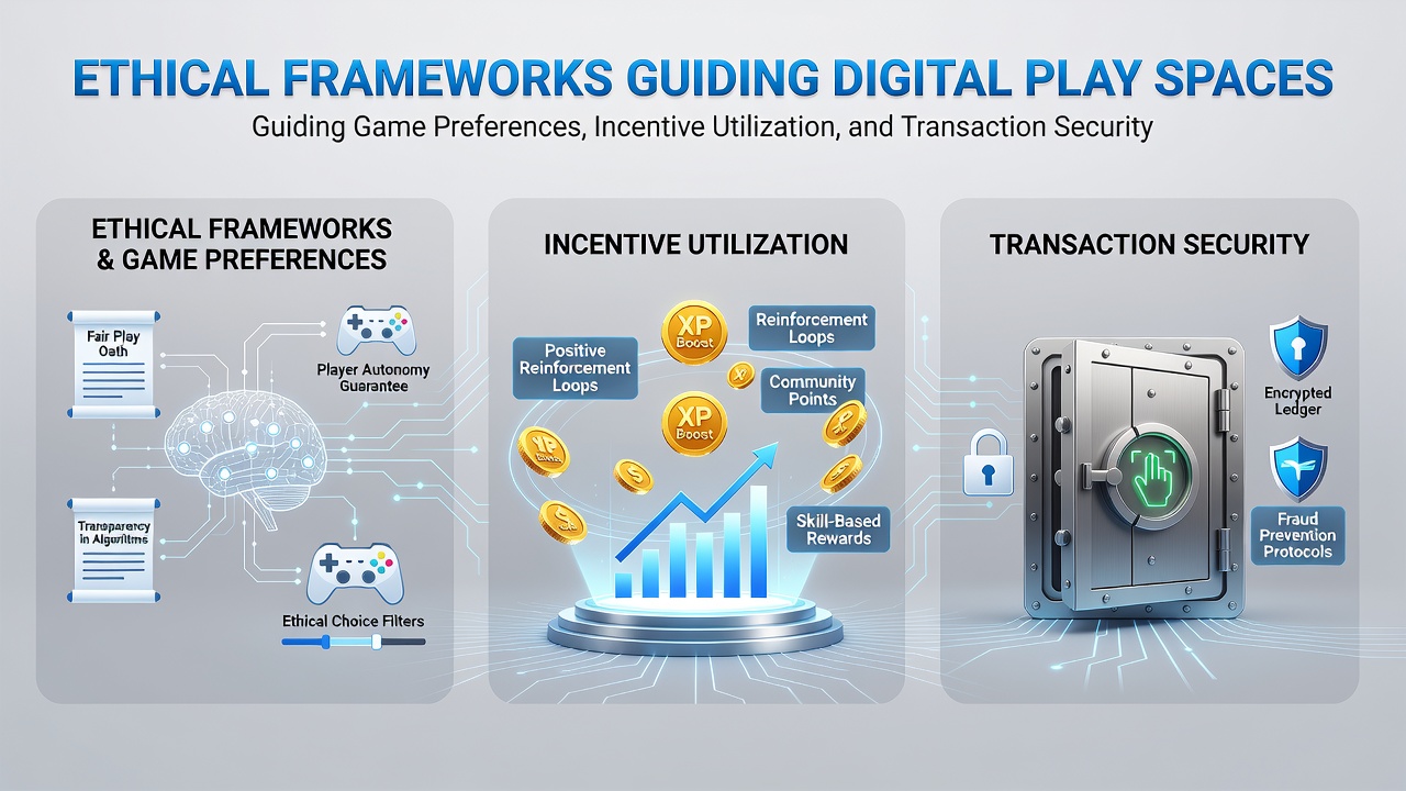 Ethical frameworks illustration showing balanced scales over digital gaming interfaces with icons for player choice, rewards, and secure payments