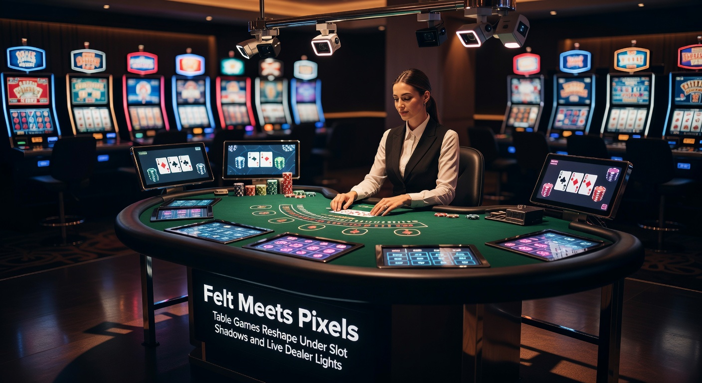 A vibrant digital fusion of classic green felt tables merging with pixelated slot reels and live dealer streams under casino lights