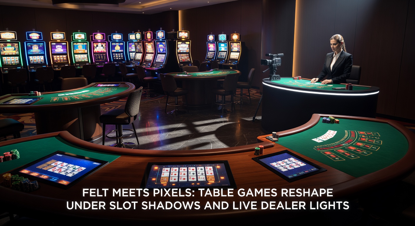 Live dealer at a high-tech blackjack table, surrounded by digital slot interfaces and interactive player screens