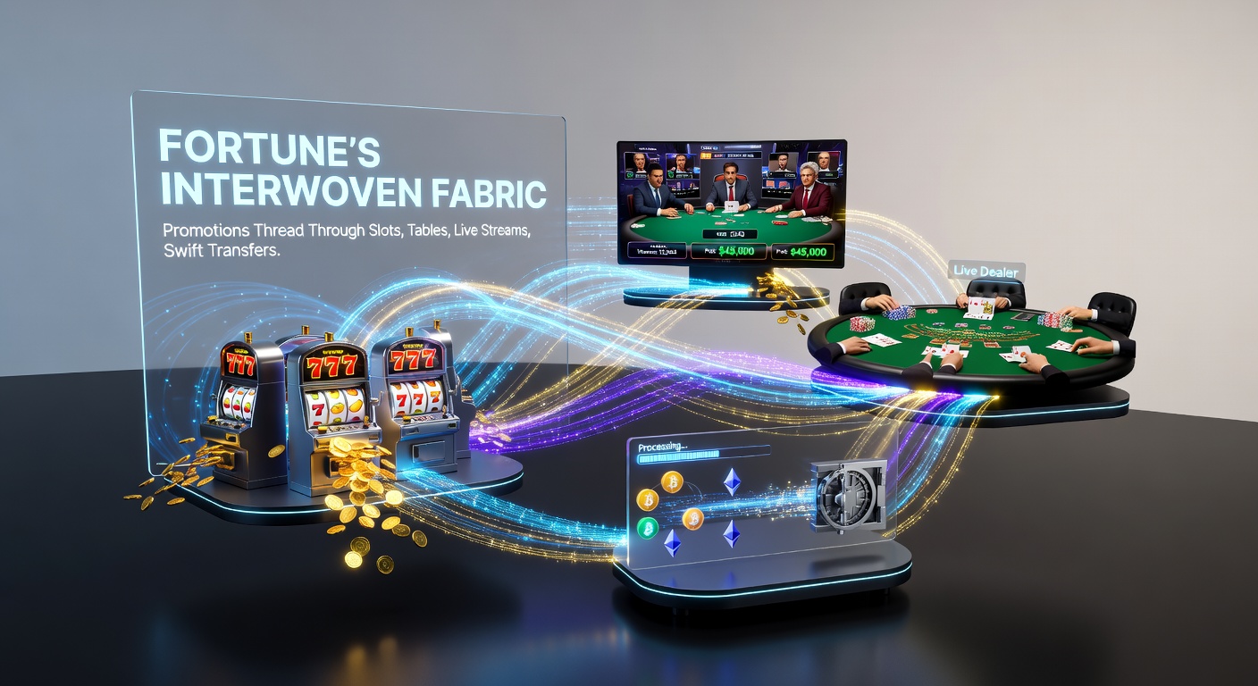 Smartphone screen displaying a casino app with slots, live dealer tables, promo notifications, and loyalty dashboard in a dynamic, interconnected interface