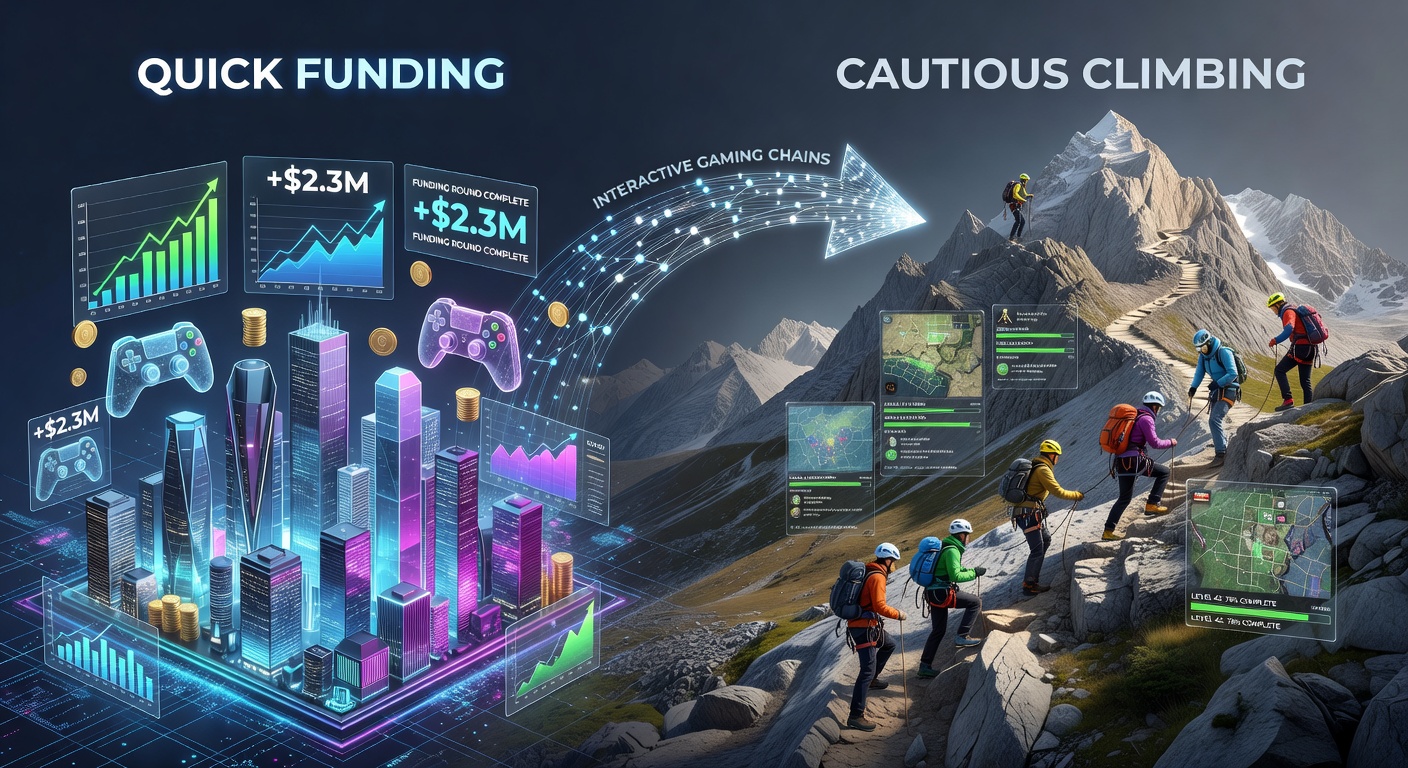 Interconnected nodes showing funding flows into interactive gaming platforms and gradual user progression systems