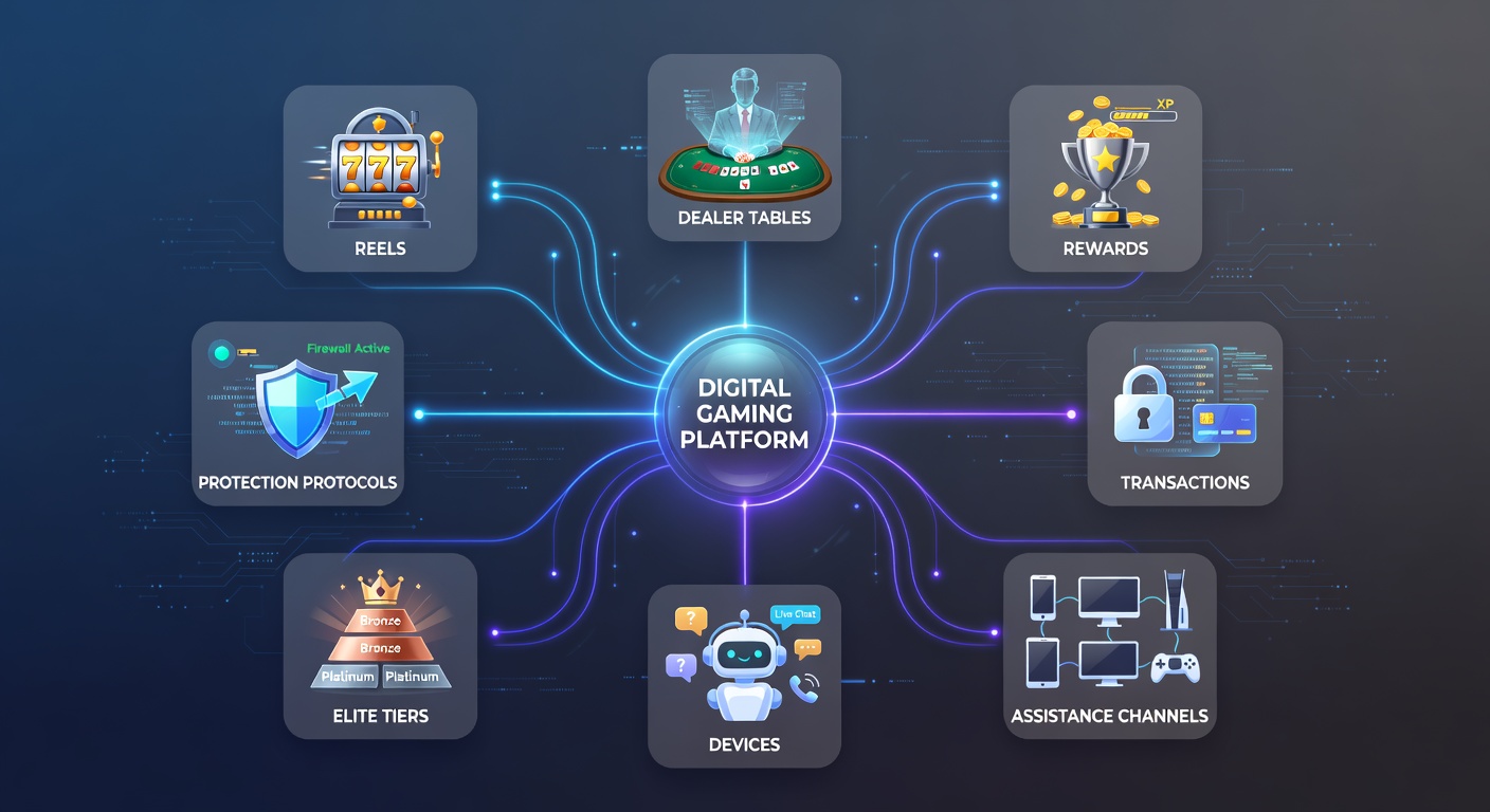 Digital illustration showing interconnected gaming elements like slots reels, dealer tables, rewards icons, transaction flows, mobile devices, support channels, VIP tiers, and security shields all linked in a web-like structure