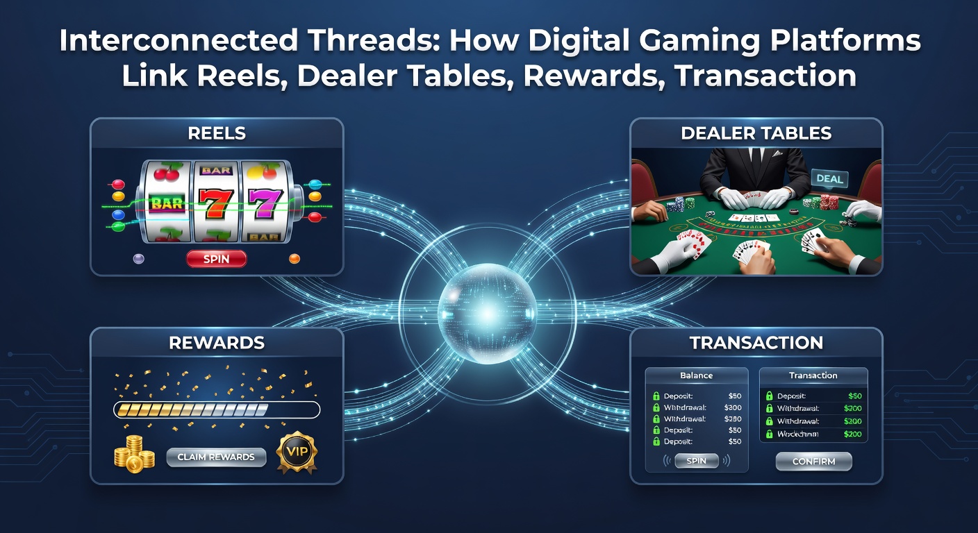 Screenshot-style image of a gaming platform dashboard displaying linked reels, live tables, transaction history, VIP status, and security indicators on a mobile and desktop view