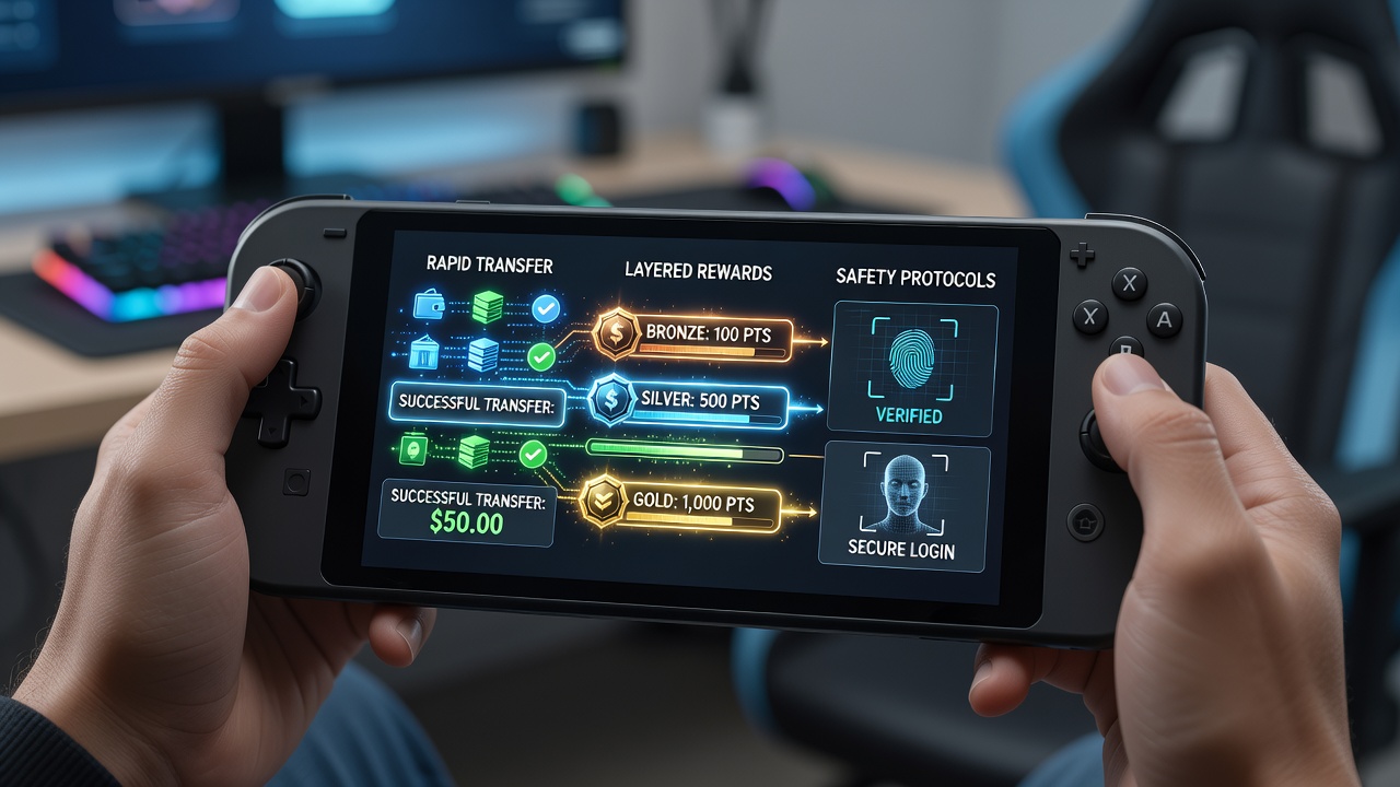 Close-up of layered reward dashboard on a mobile screen with security badges and instant transfer confirmation