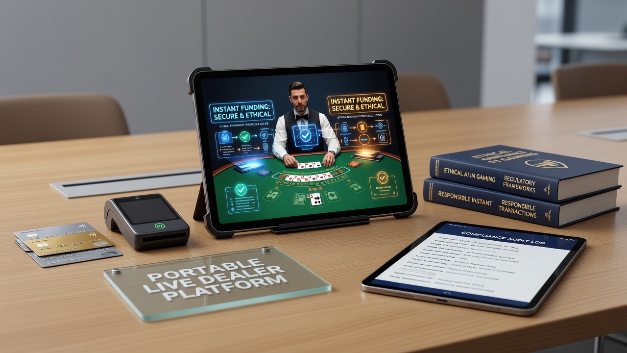 Close-up of live dealer table on tablet screen with security and funding icons highlighted