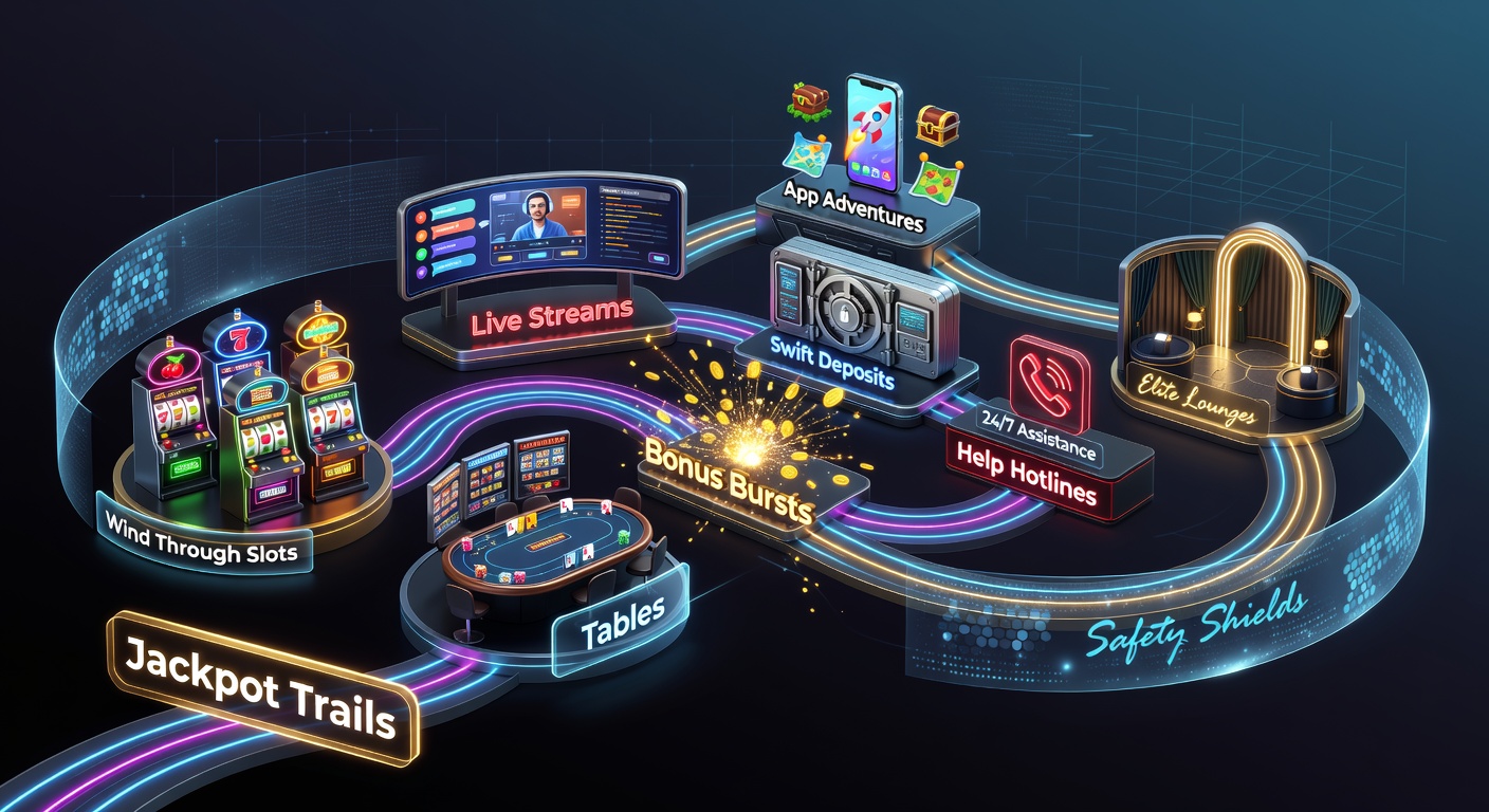 Vibrant digital trails of glowing jackpots connecting slot reels, roulette wheels, live dealer tables, and secure payment icons in an online casino interface