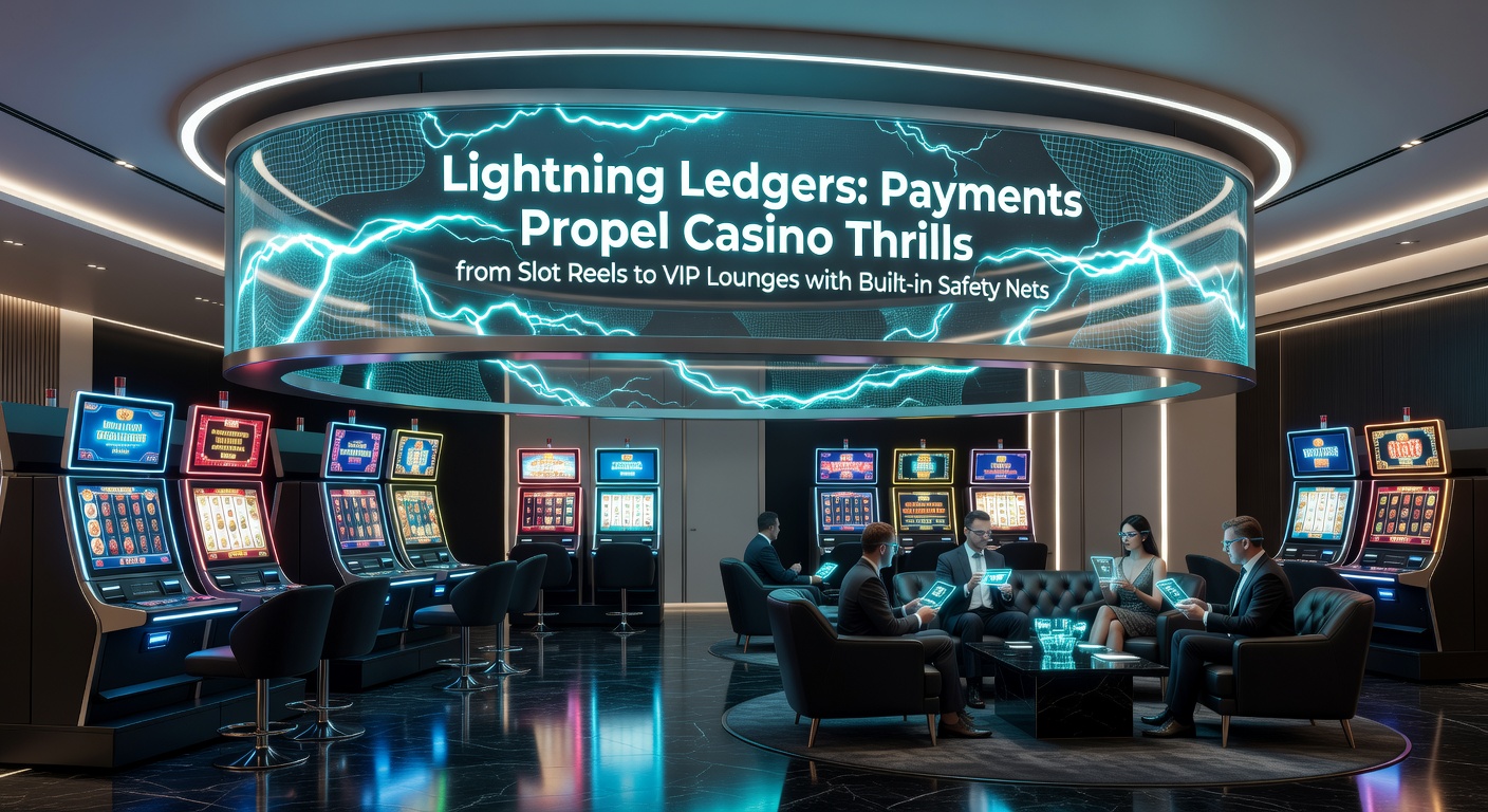 Vibrant digital ledger streams connecting slot machines, roulette tables, and luxurious VIP gaming lounges, symbolizing rapid payment flows in online casinos