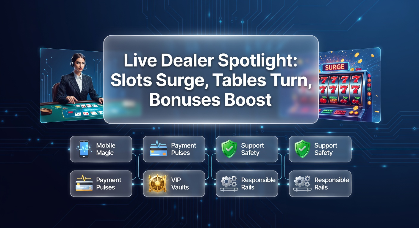 Vibrant live dealer table with cards and chips under studio lights, surrounded by digital slot reels in the background