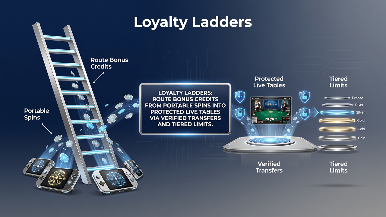 Diagram showing loyalty ladder progression from mobile spins to live table transfers with verification checkpoints and tiered limits