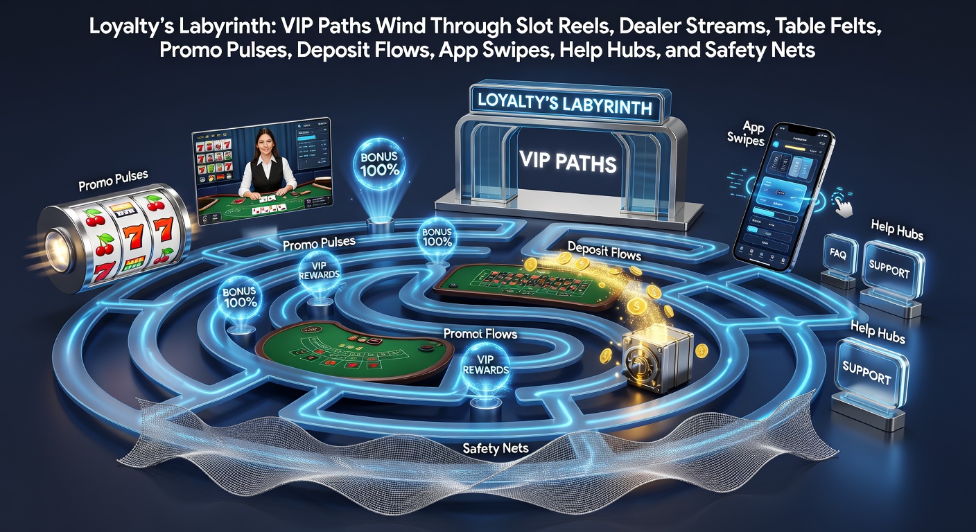 Vibrant digital illustration of a winding VIP loyalty path threading through slot machine reels, live dealer tables, mobile apps, and safety icons in an online casino environment