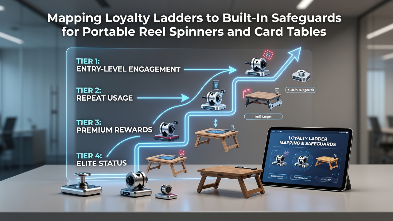 Portable reel spinner device with integrated loyalty tracking interface and safety lock mechanisms