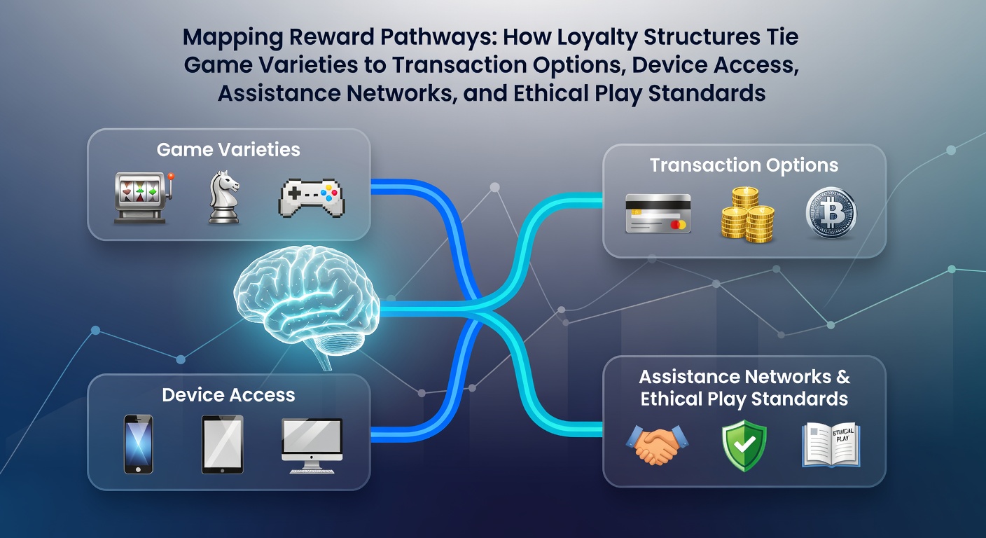 Illustration showing interconnected loyalty reward pathways linking slot games, table options, payment methods, mobile devices, support services, and ethical standards in modern gaming platforms