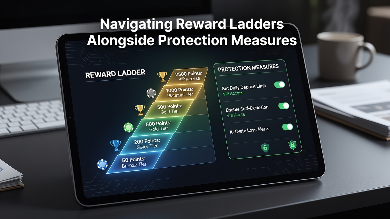 Mobile casino interface showing reward ladder progress alongside safety settings panel