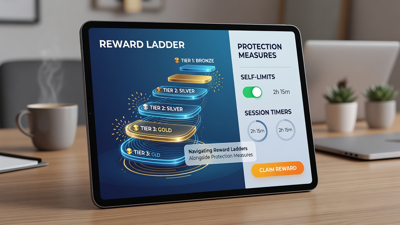 Close-up of smartphone screen with reward tiers and limit settings displayed side by side