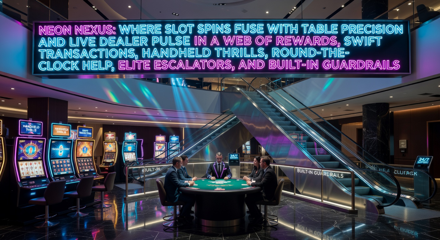 Vibrant neon-lit digital casino hub displaying interconnected slots, blackjack tables, and live roulette streams with glowing reward icons and mobile interfaces