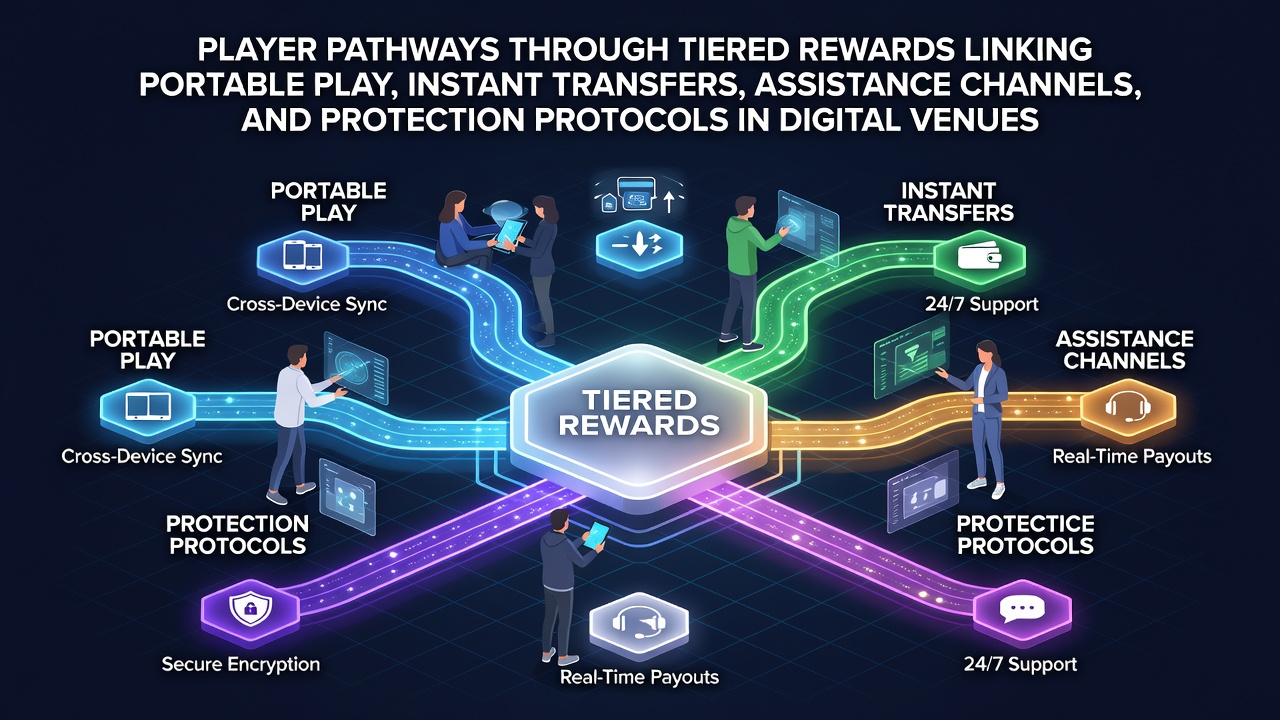 Player pathways diagram showing tiered rewards linking mobile play, instant transfers, support channels, and protection protocols