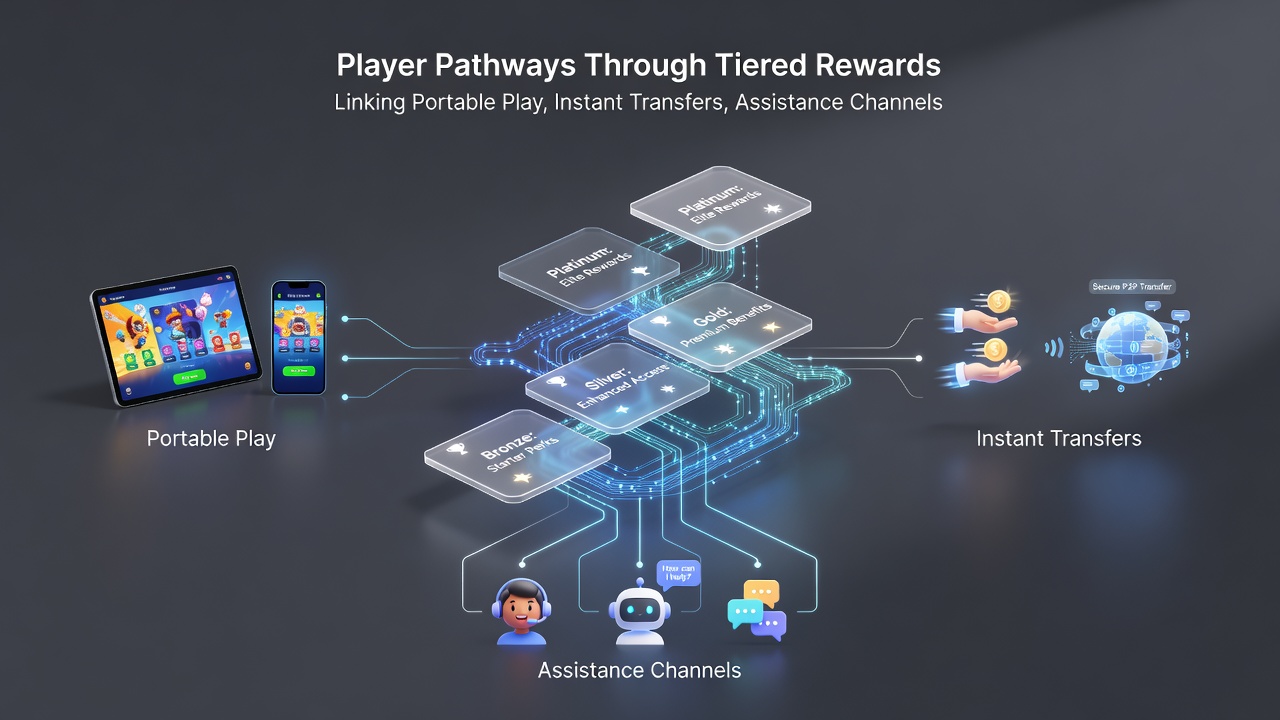 Illustration of support channels and security protocols integrated into mobile gaming reward pathways