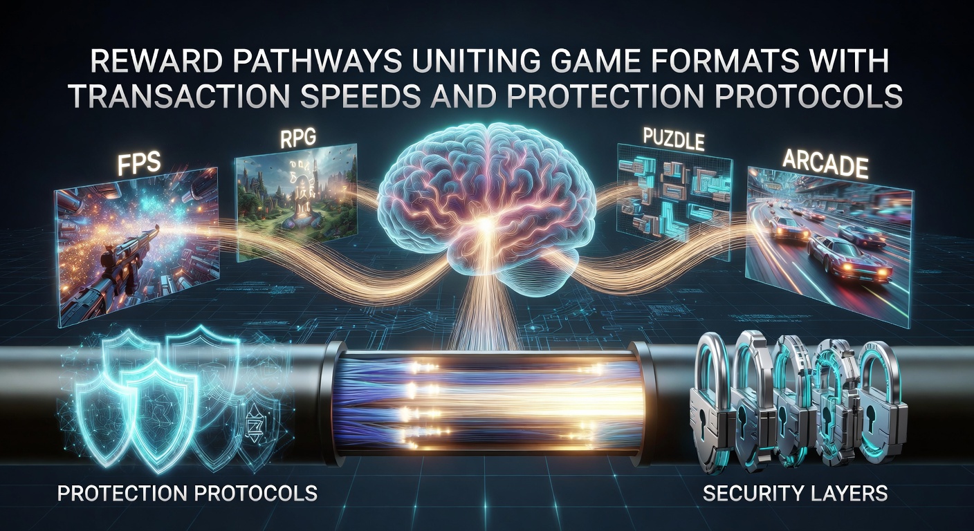 Digital illustration showing interconnected reward pathways linking various casino game formats with fast transaction systems and layered security protocols