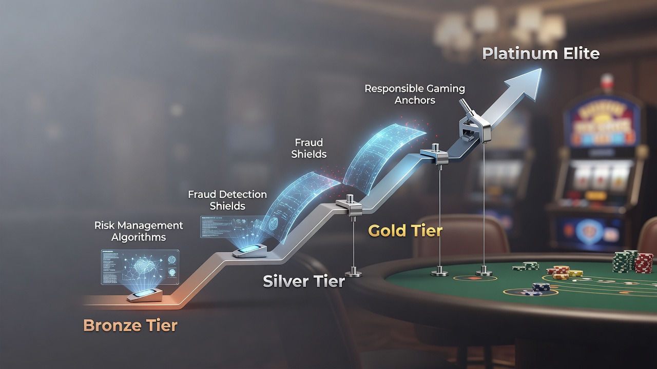 Player dashboard displaying loyalty rank advancement with active responsible gambling tools and limit settings