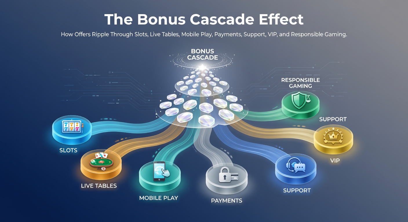 Dynamic graphic showing bonus offers flowing like a cascade through various casino elements including slots reels, live dealer tables, mobile screens, payment icons, support chat bubbles, VIP lounges, and safety shields