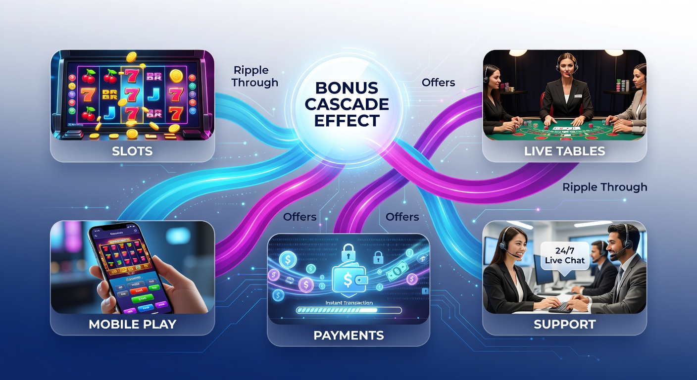 Visual representation of bonus flows connecting mobile devices, payment processors, support interfaces, VIP badges, and responsible gaming dashboards in a unified casino ecosystem