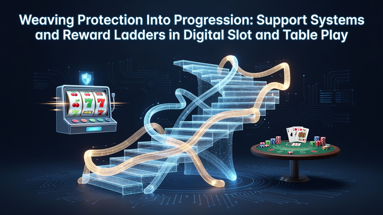 Digital interface showing tiered reward ladders alongside player support tools for slots and table games